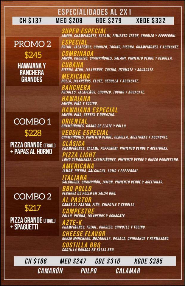 Menu at Pizza Omega restaurant, Mexico City, Av. Santa Cruz Meyehualco