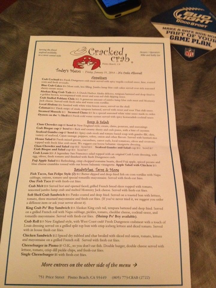 Menu at Cracked Crab restaurant, Pismo Beach
