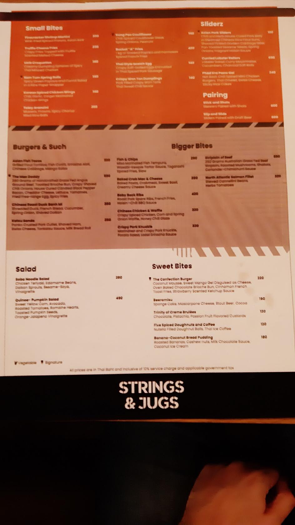 Menu at Strings & Jugs restaurant, Khao Khansong