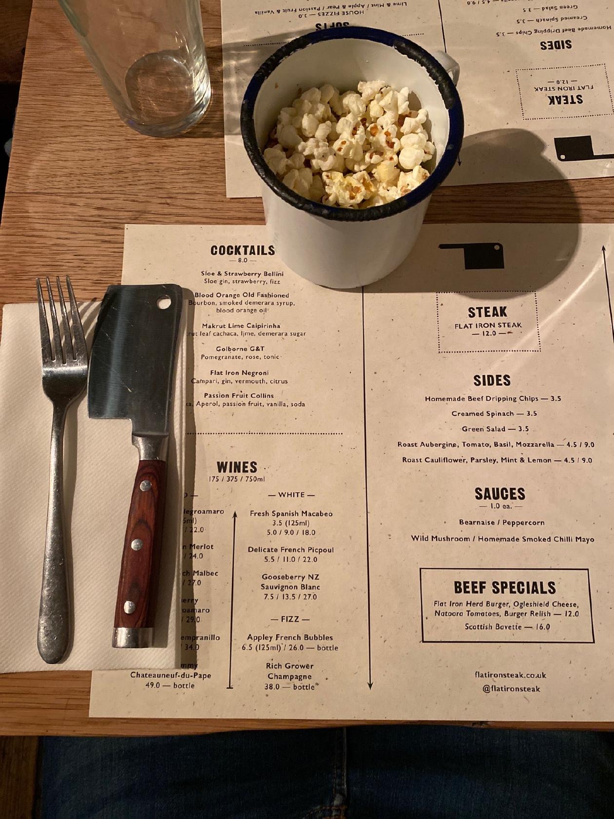 Menu at Flat Iron steakhouse, London, 9 Denmark St