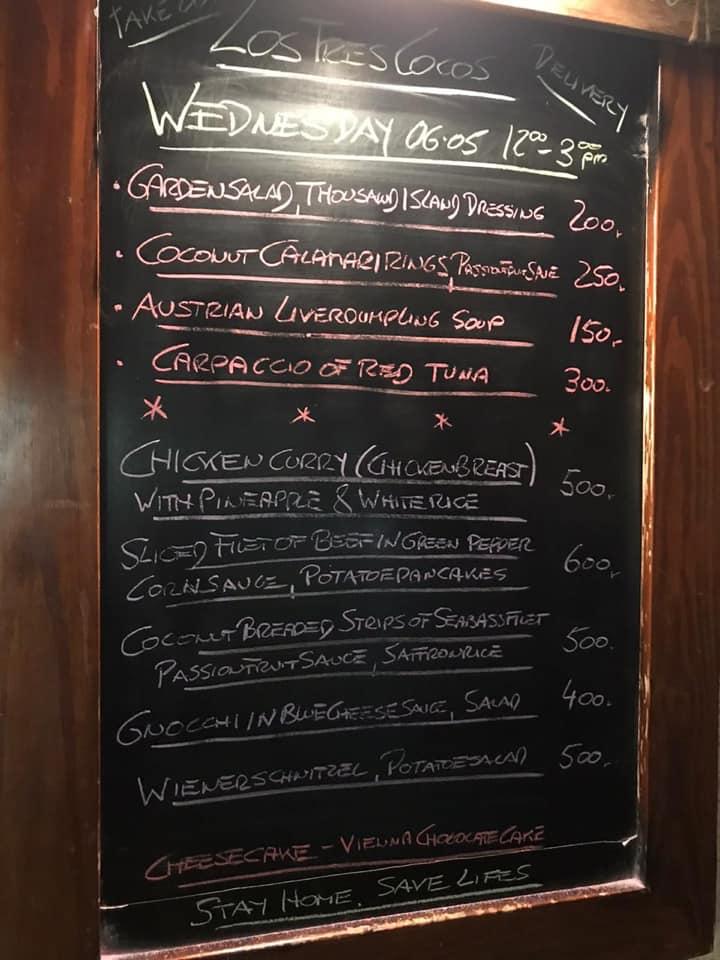 Menu at Los Tres Cocos restaurant, Puerto Plata