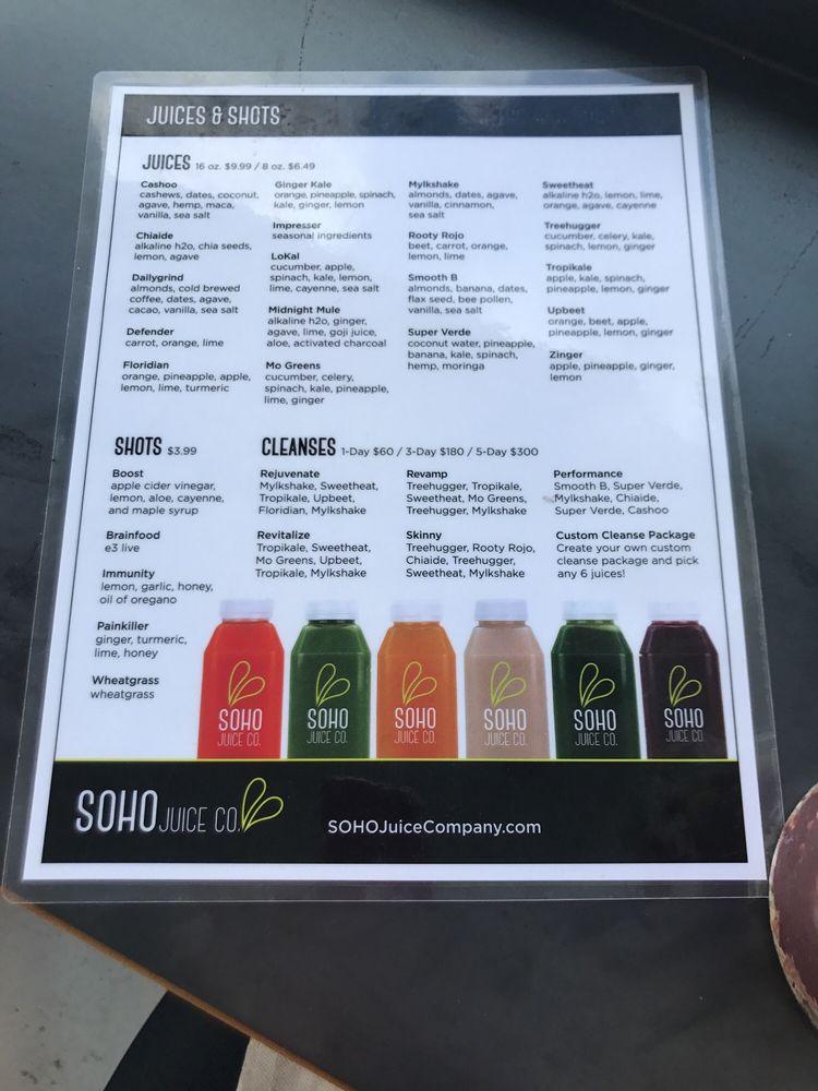 Menu at SOHO Juice Co. pub & bar, Winter Park