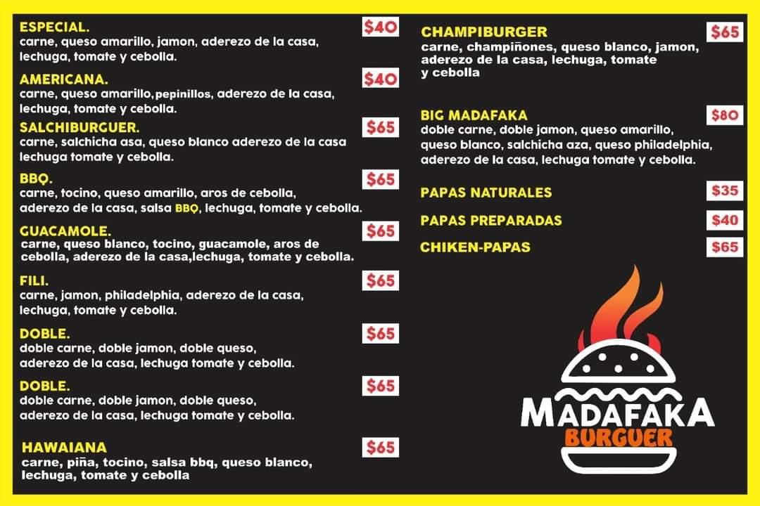 Menu at Madafaka burguer restaurant, Monterrey