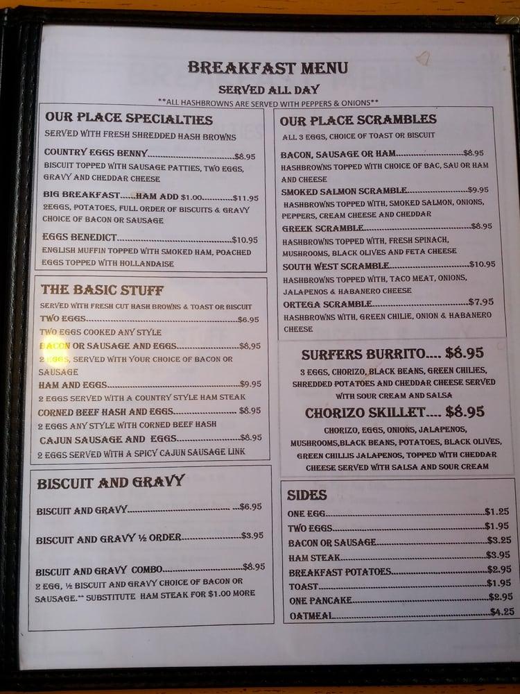 Menu at Our Place Restaurant, Ocean Shores