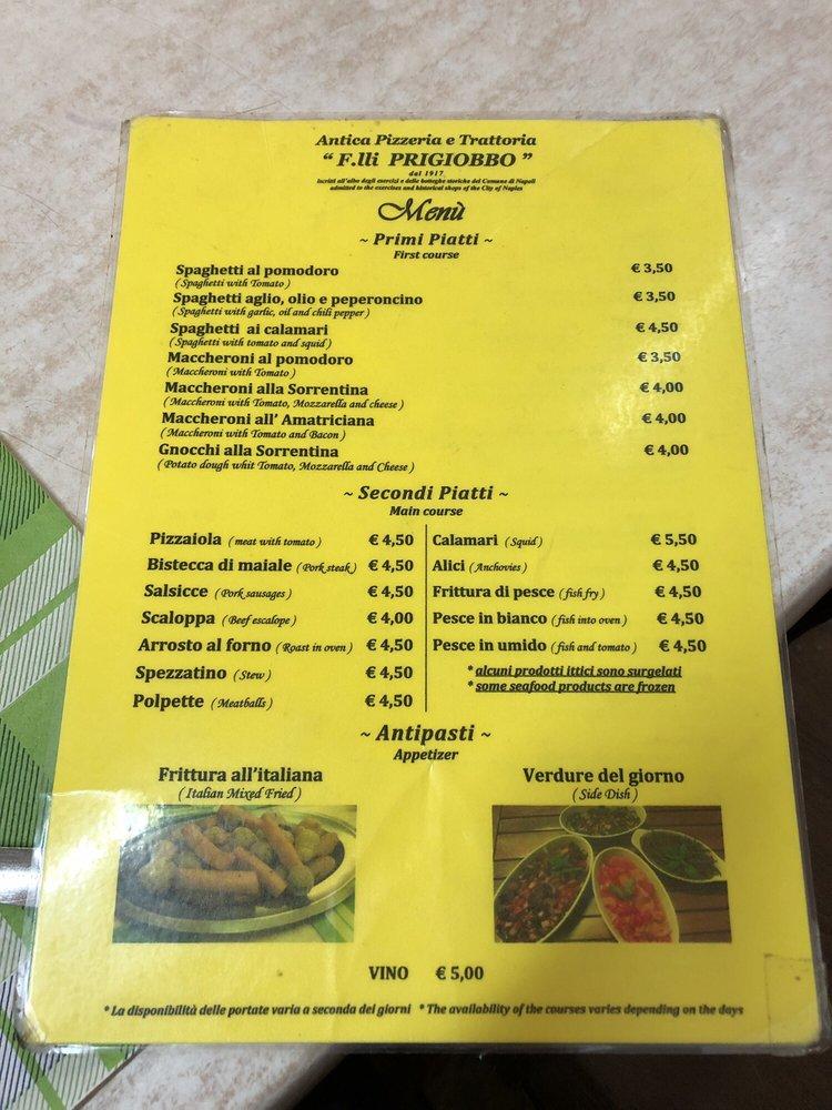Menu da Antica Pizzeria Prigiobbo, Napoli