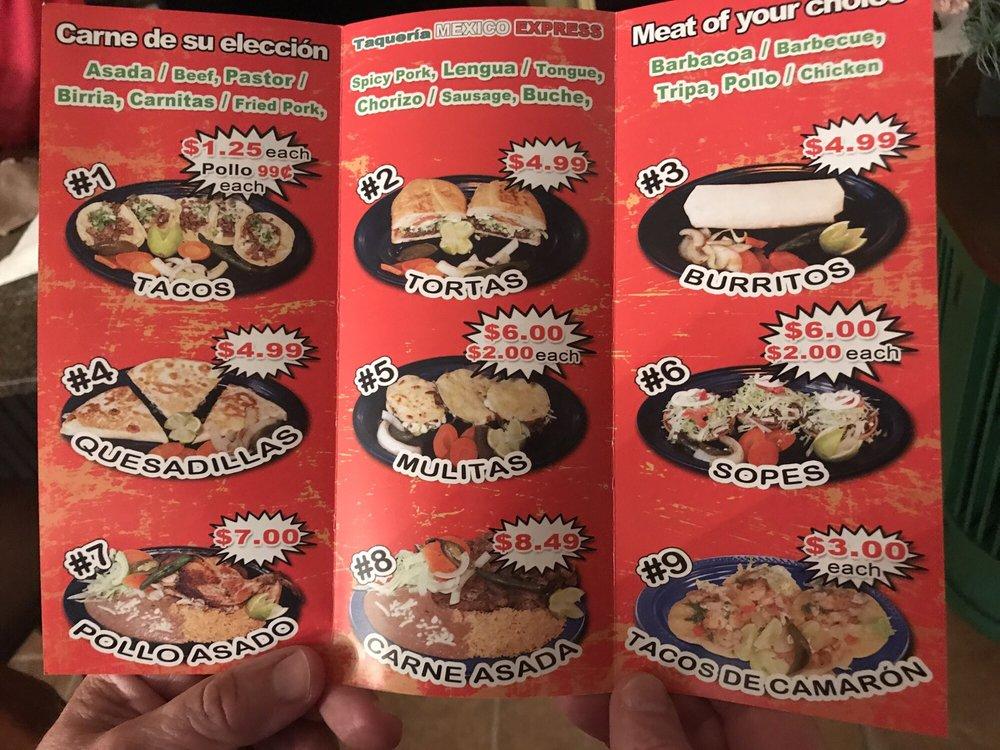 Menu at Taqueria Mexico Express, Memphis, Kirby Whitten Rd