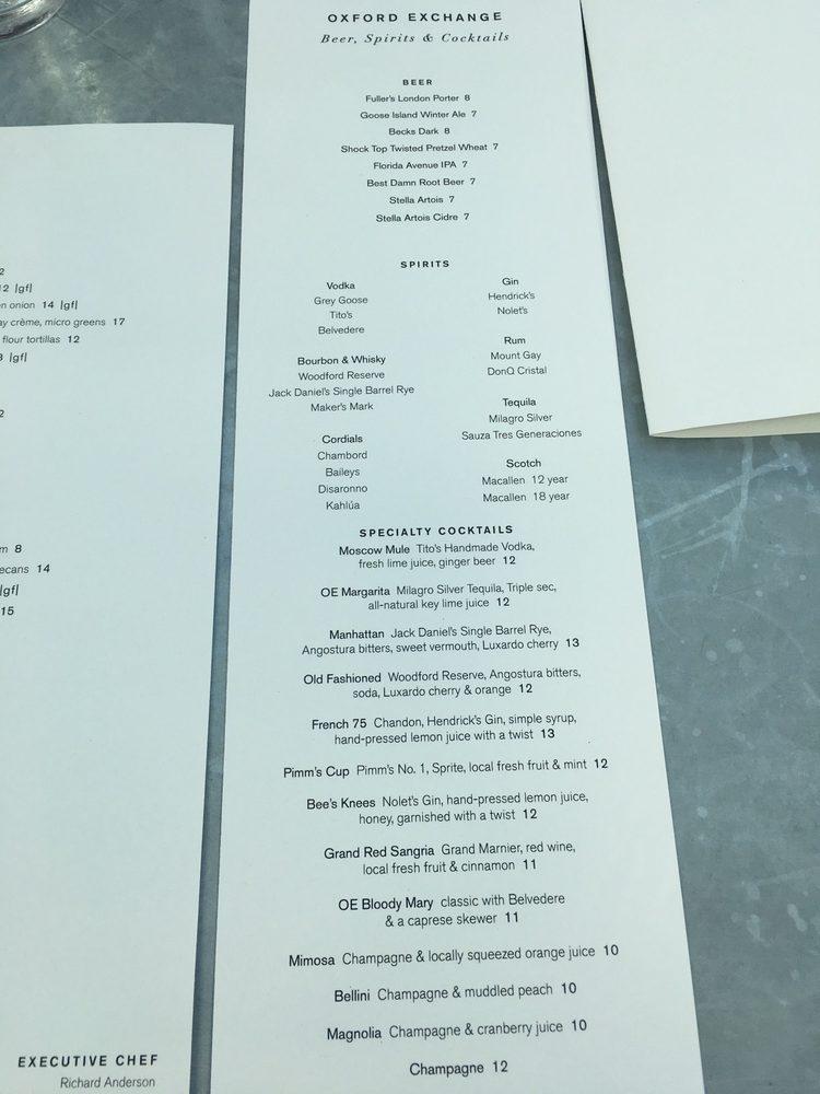 Menu at Oxford Exchange restaurant, Tampa