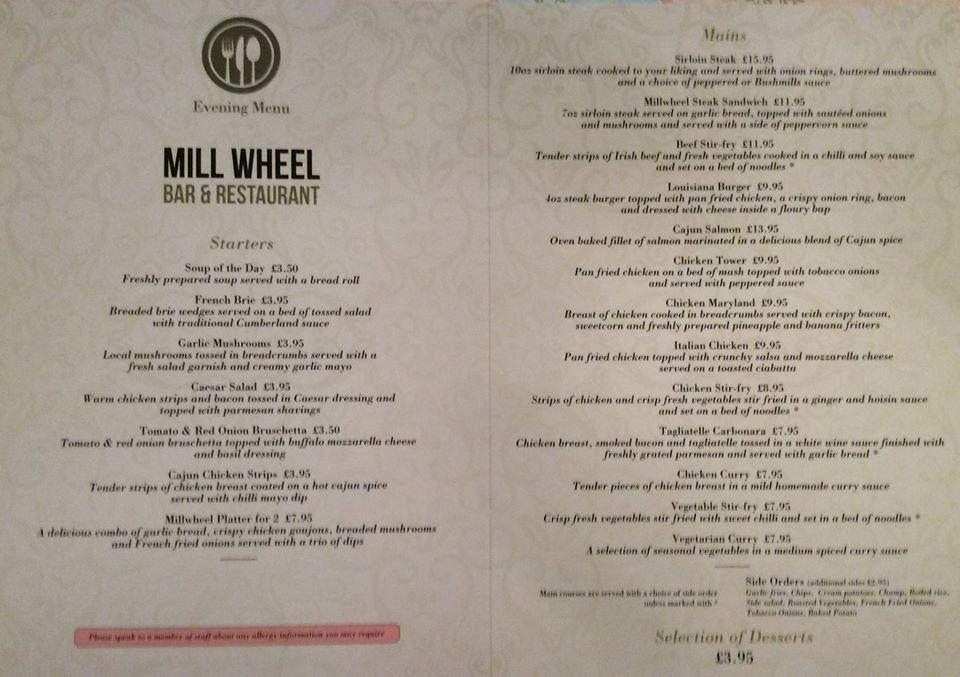 Menu at The Mill Wheel Bar, England