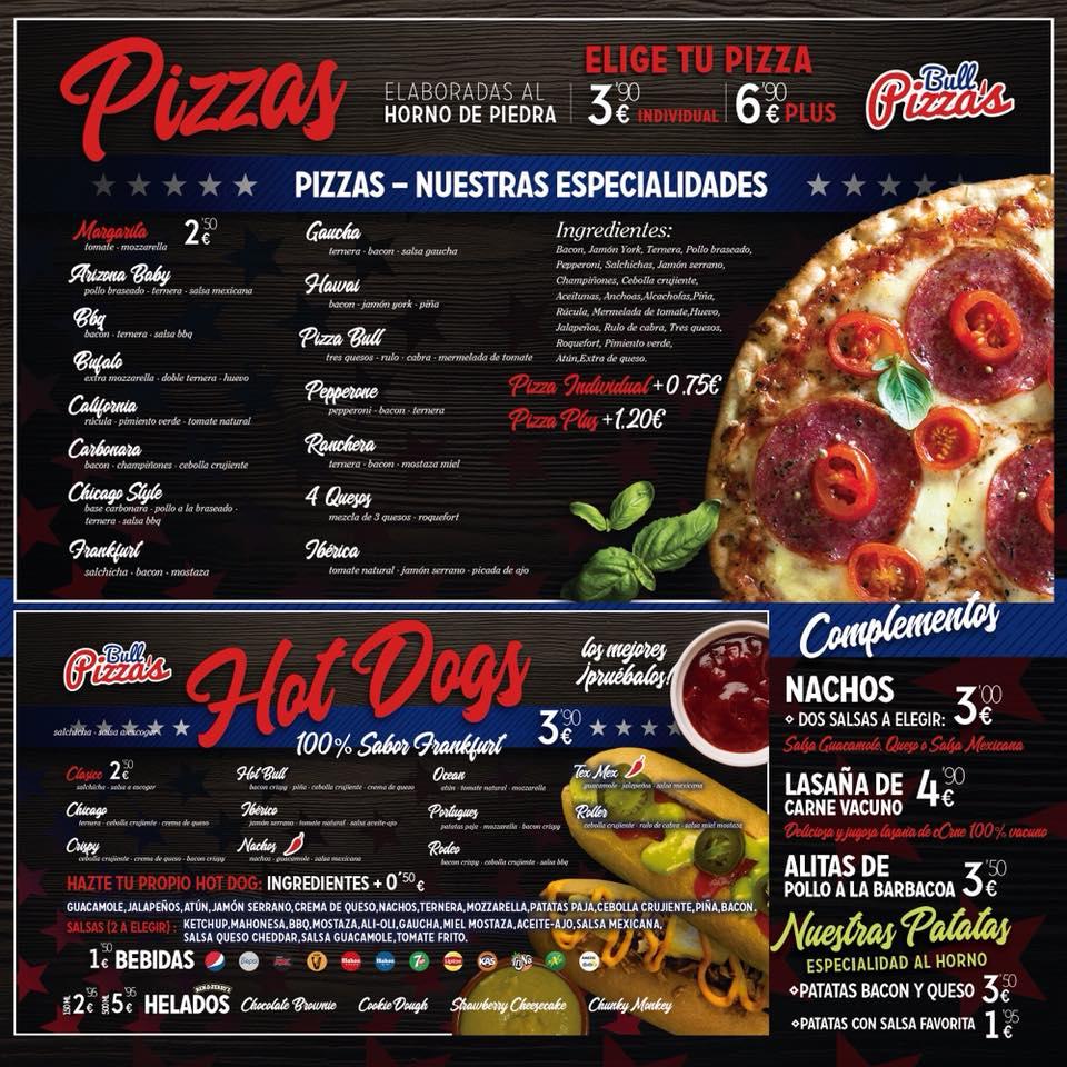 Menu at Bull Pizza's pizzeria, Seville