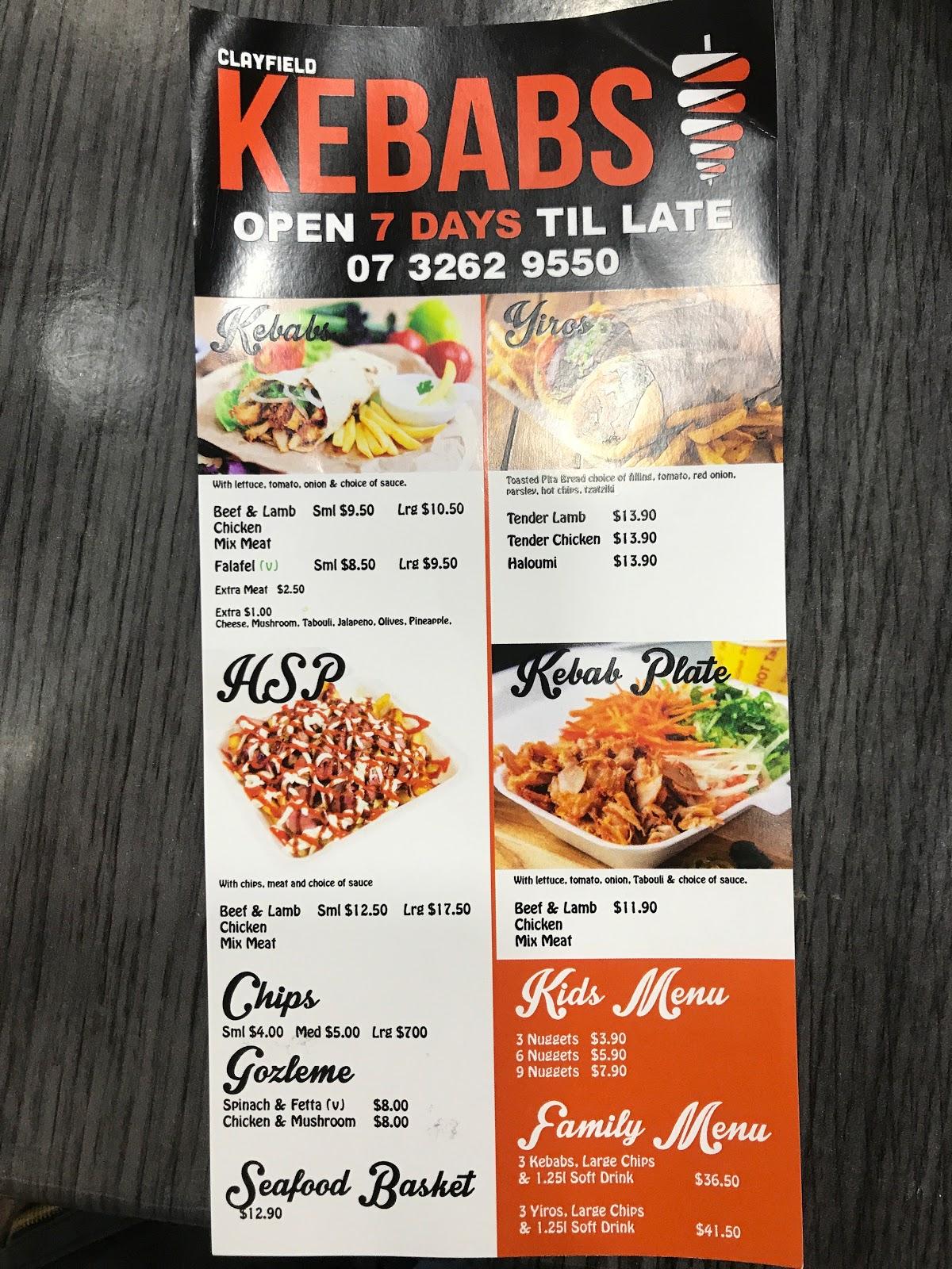 Menu at Clayfield Kebab restaurant, Clayfield
