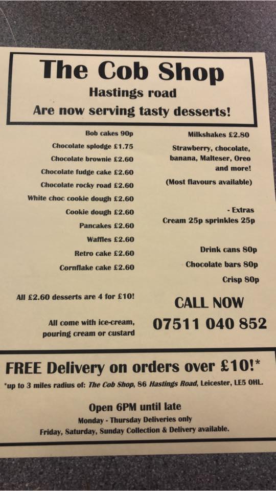 Menu at The Cob Shop, Leicester, 86 Hastings Rd