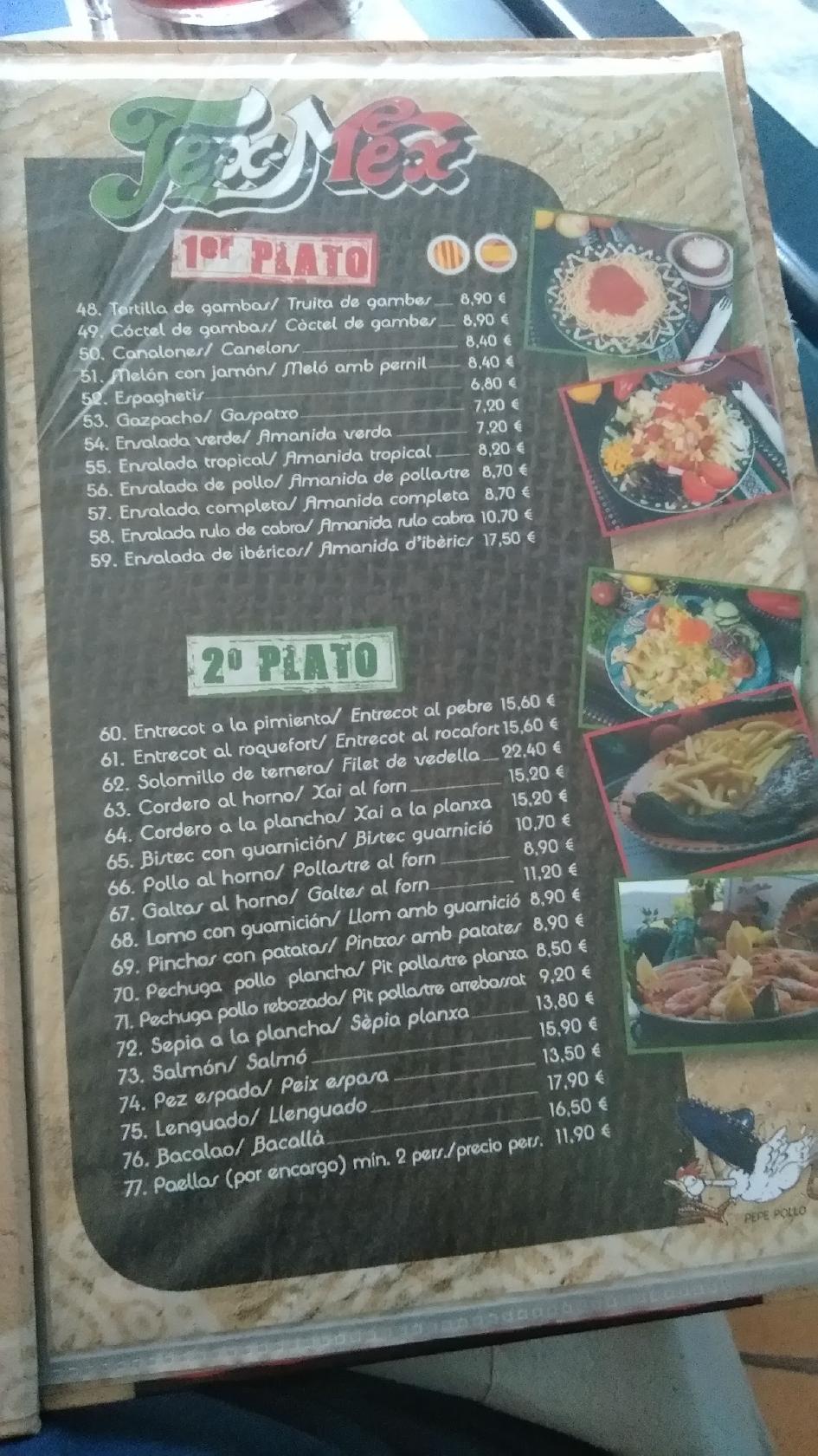 Menu at Pepe Pollo restaurant, Santa Susanna, Plaça Europa