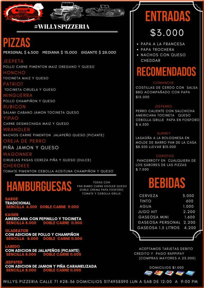 Menu at willys pizzeria, Bogotá, 36 Calle 71 28