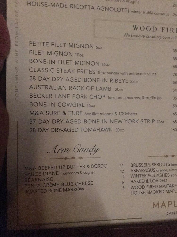 Menu at Maple & Ash steakhouse, Chicago