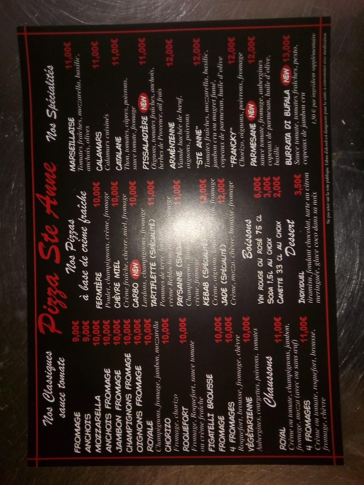 Menu at Pizza Sainte Anne pizzeria, Marseille