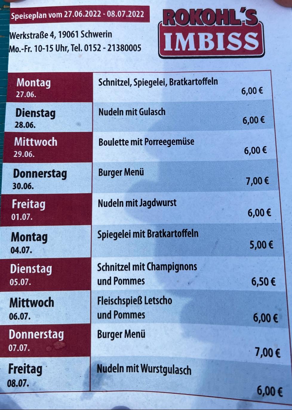 Menu au Imbiss Steffen Rokohl restaurant, Schwerin