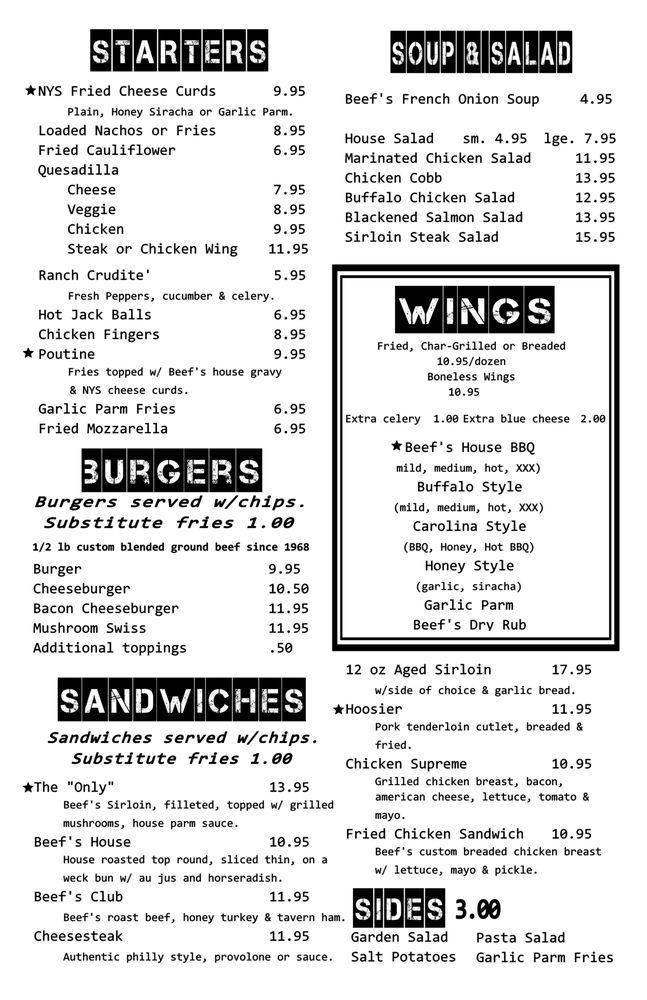 Menu at Beef's pub & bar, Horseheads