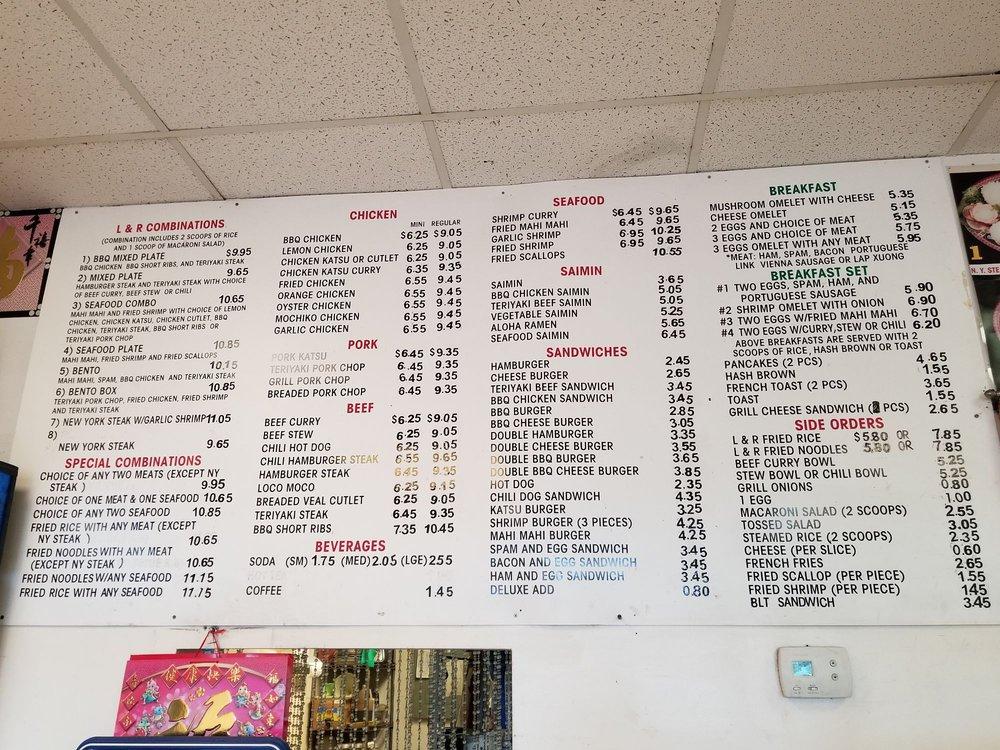 Menu at L & R Drive Inn BBQ, Kaneohe