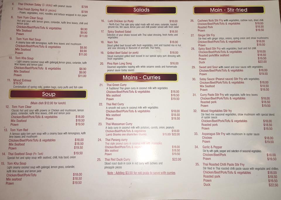 Menu at Thai Thai Restaurant, Invercargill