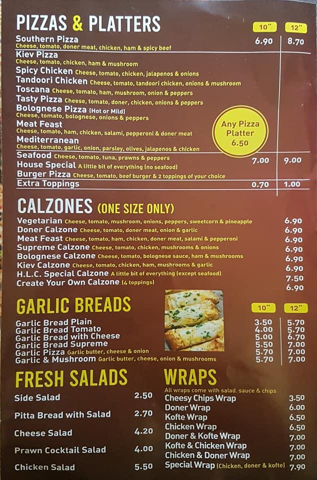 Carta de comida rápida HLC Pizza And Kebab House, Grimsby, 101 Louth Rd