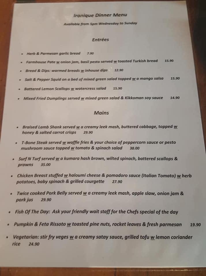 Menu at Ironique Cafe, Te Aroha