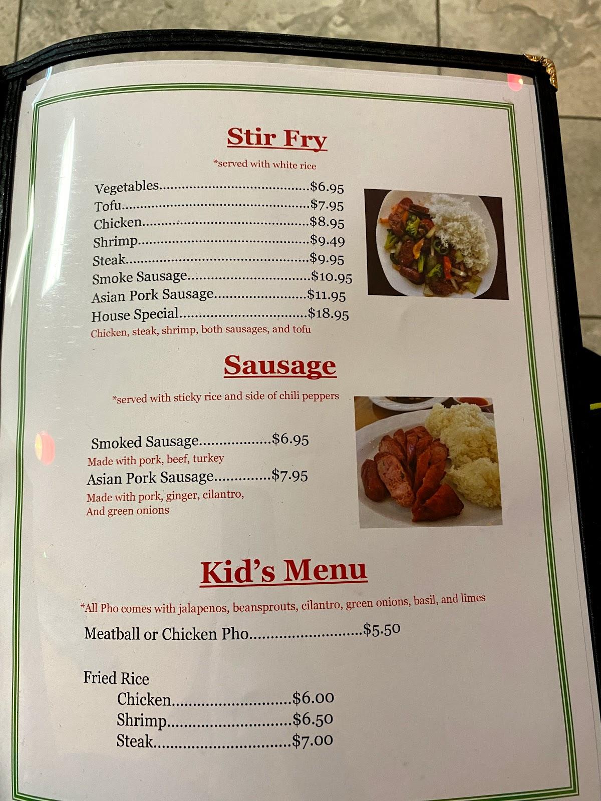 Menu at Bangkok Pho restaurant, Conover