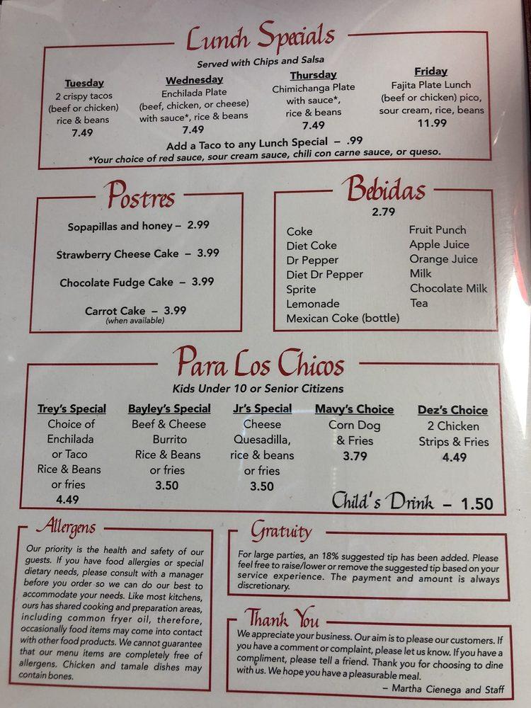Menu at La Cienega Mexican Food restaurant, Mineral Wells, 708 W Hubbard St