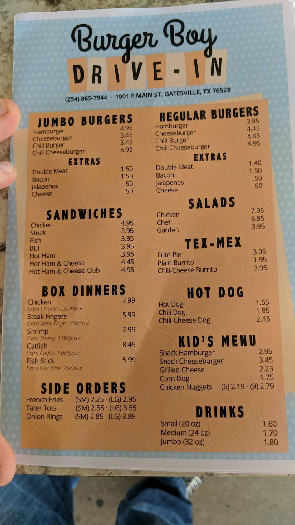 Menu at Burger Boy fast food, Gatesville