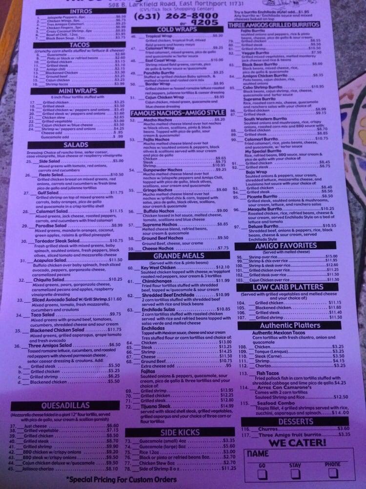 Menu at Three Amigos Fresh Mexican Grill restaurant, East Northport