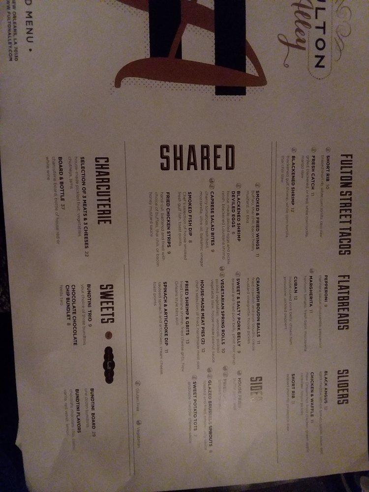 Menu at Fulton Alley pub & bar, New Orleans, 600 Fulton St