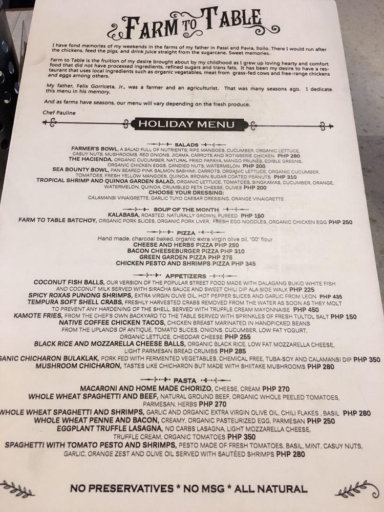 Menu at FARM TO TABLE restaurant, Iloilo City, Bldg.