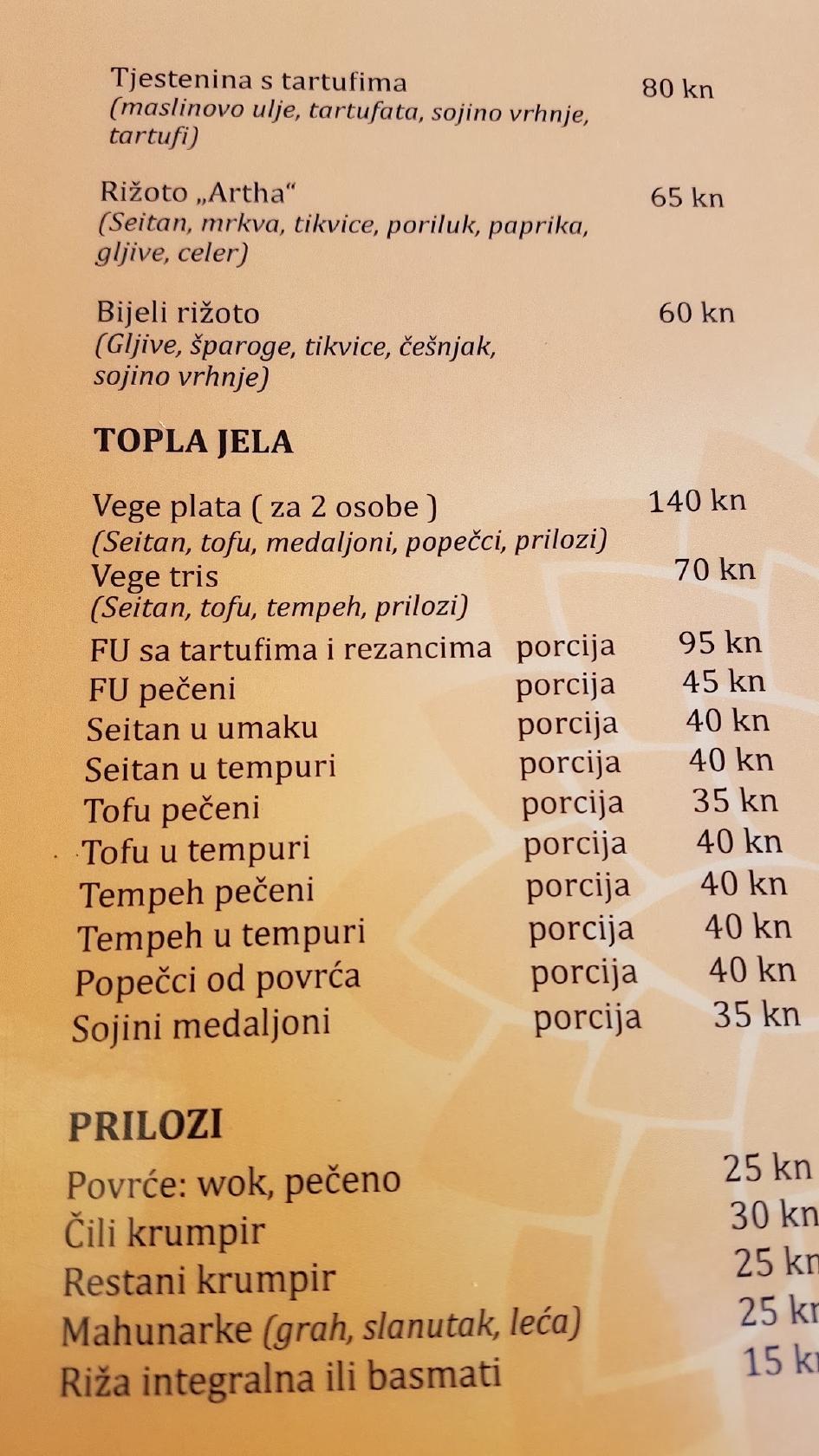 Menu at Artha restaurant, Poreč