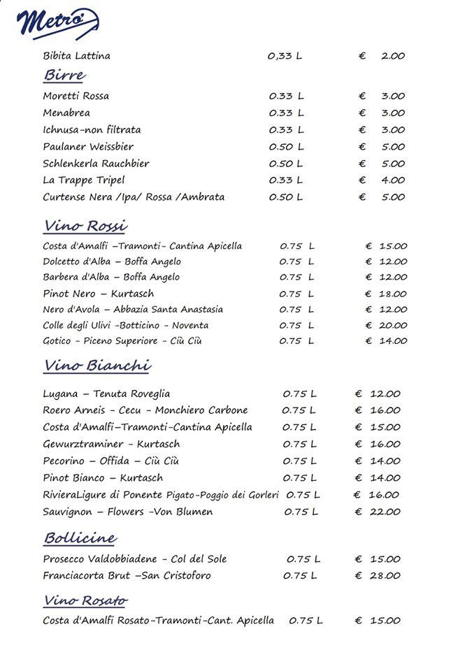 Menu di Pizzeria Ristorante Metro' 