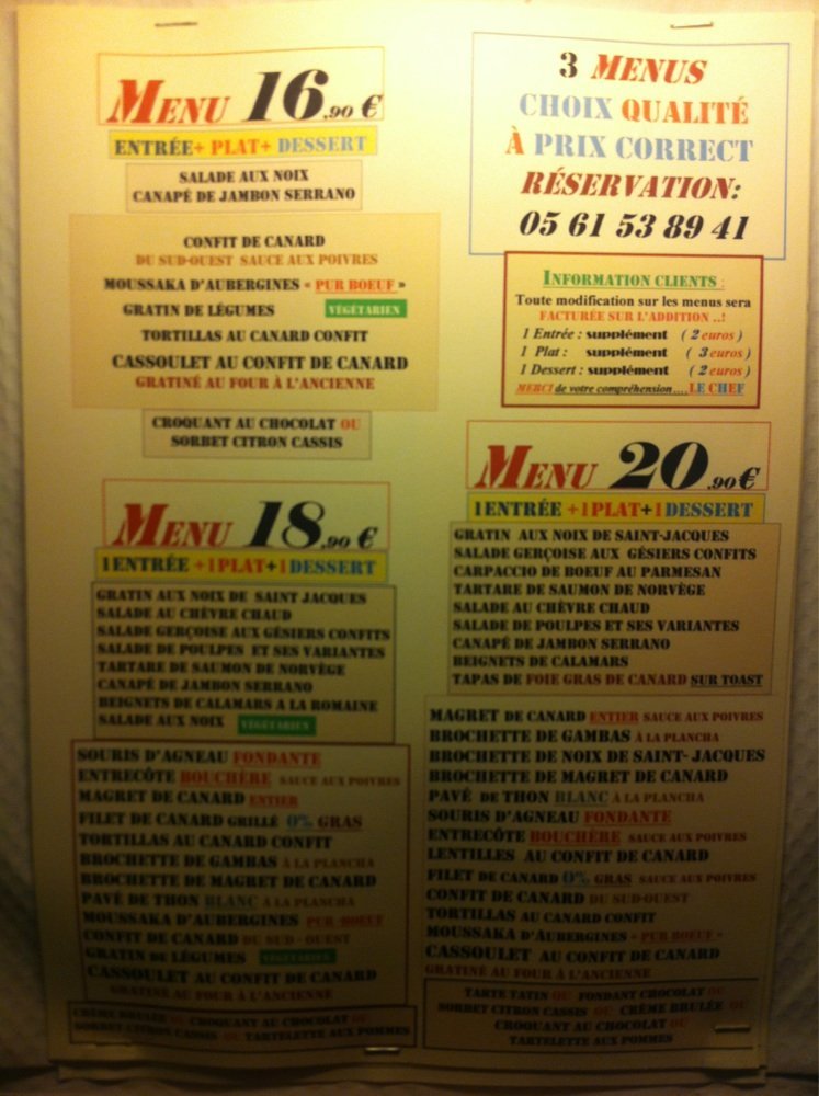 Menu at La Brique Rose restaurant, Toulouse