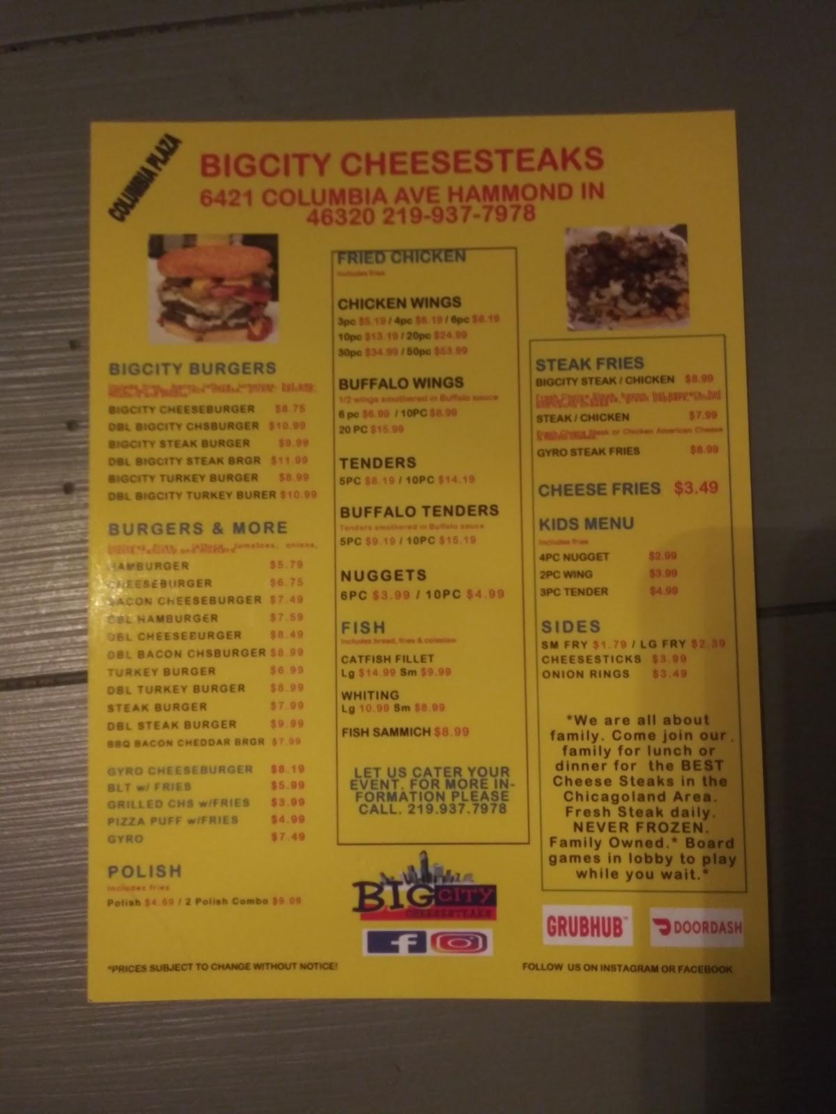 Menu at BigCity CheeseSteaks restaurant, Hammond