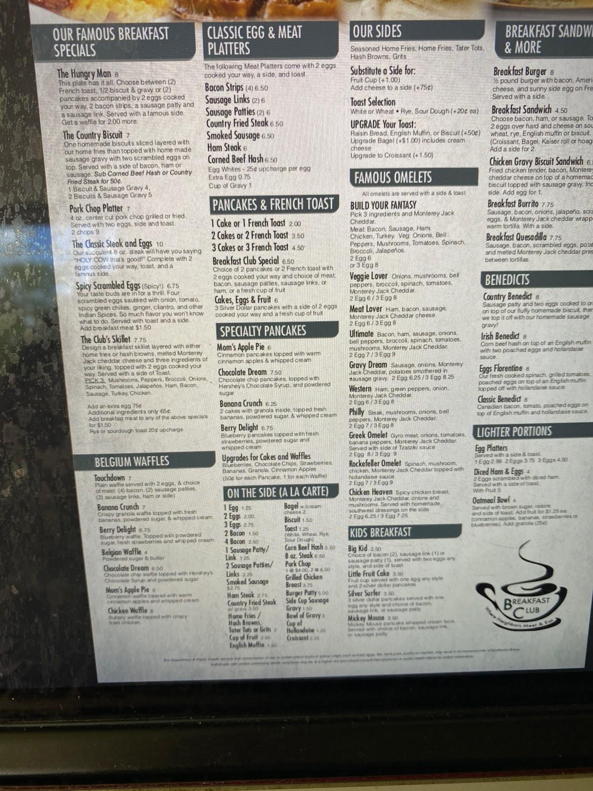 Menu at Breakfast Club Lake Mary, Lake Mary