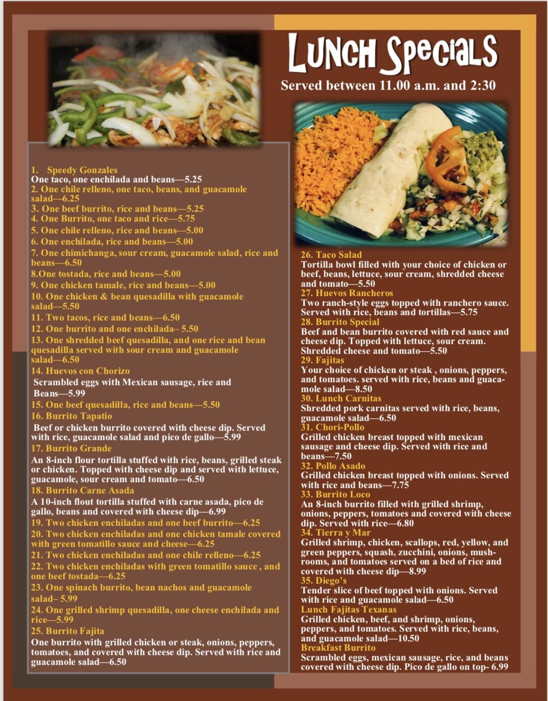 Menu at Rodeo’s Mexican Grill restaurant, Dillwyn