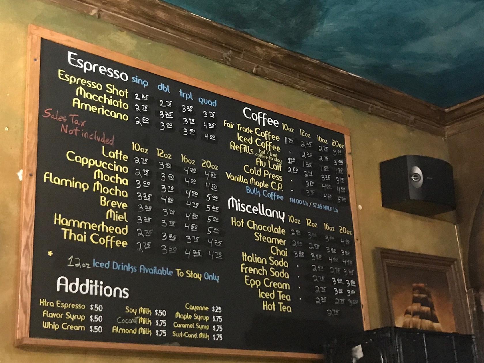 Menu at Caffetto Coffee House, Minneapolis