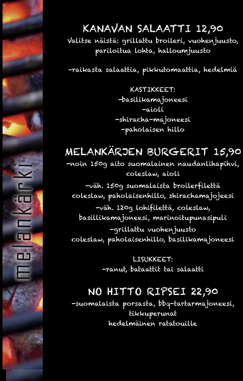 Menu at Melankärjen kesäterassi restaurant, Valkeakoski