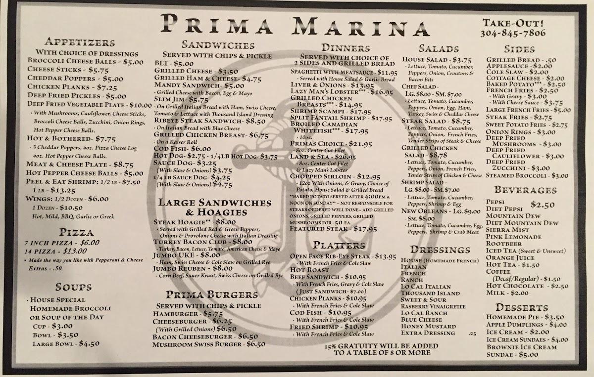 Menu at Prima Marina Incorporated restaurant, Moundsville