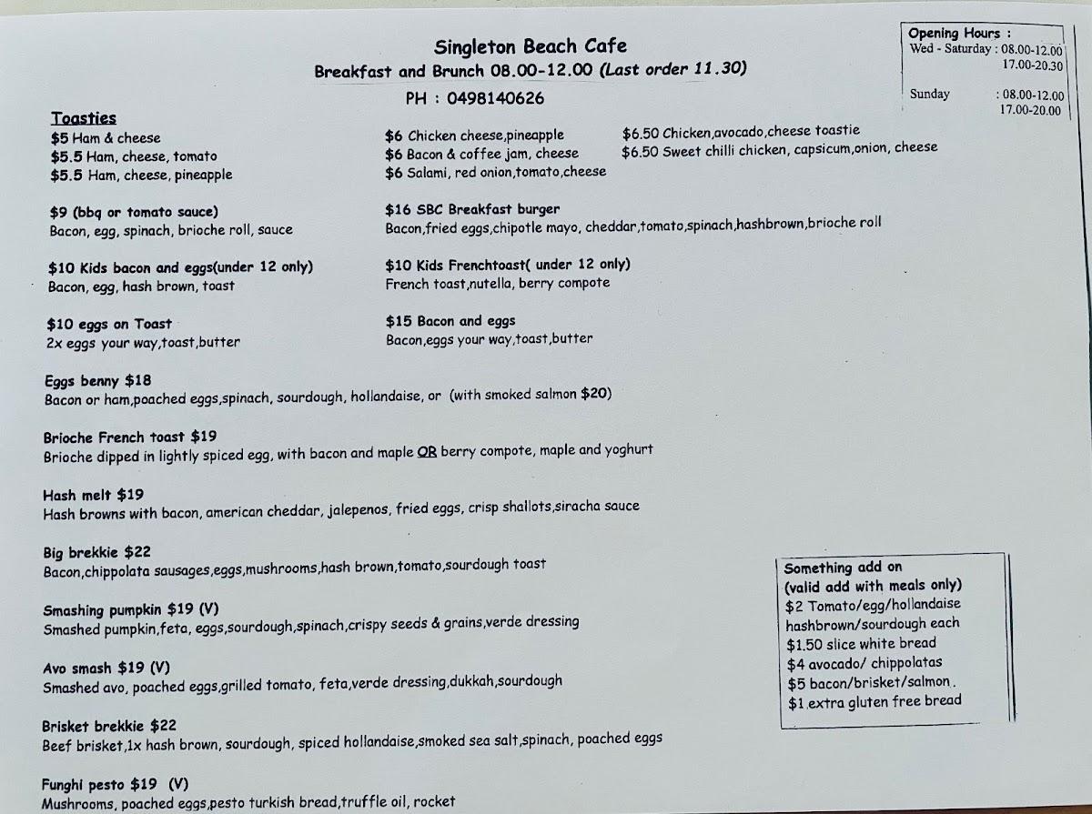 Menu at Singleton Beach Cafe, Singleton