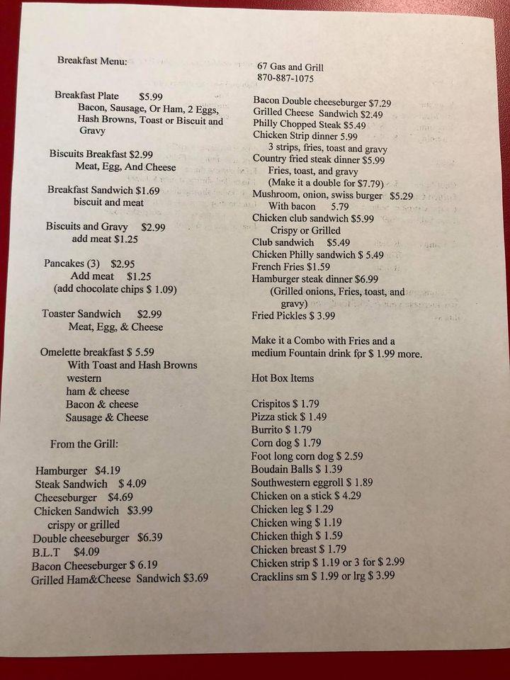 Menu at 67 Gas And Grill restaurant, Emmet