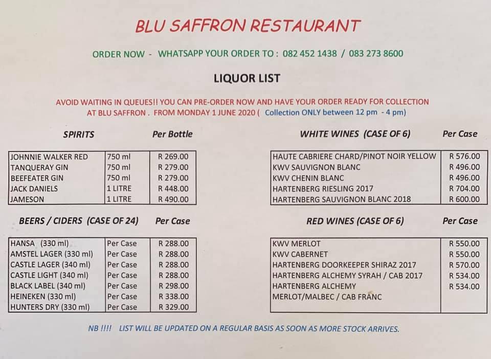 Menu at Blu Saffron restaurant, Pretoria