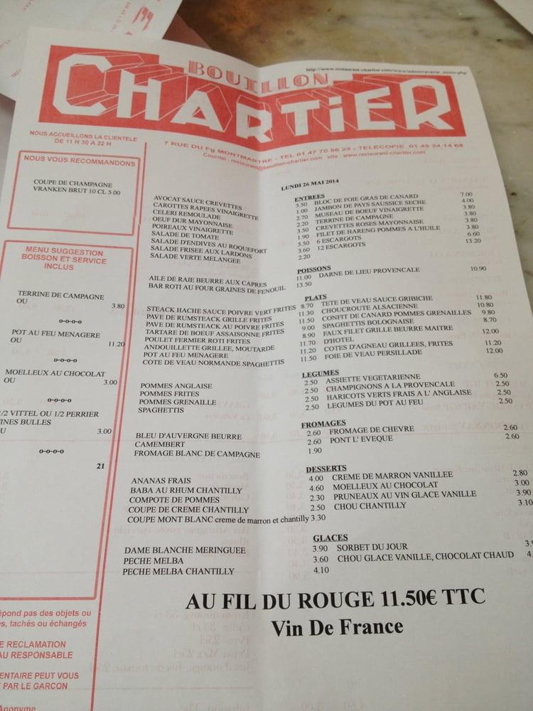 Menu at Bouillon Chartier Grands Boulevards restaurant, Paris, 7 Rue du