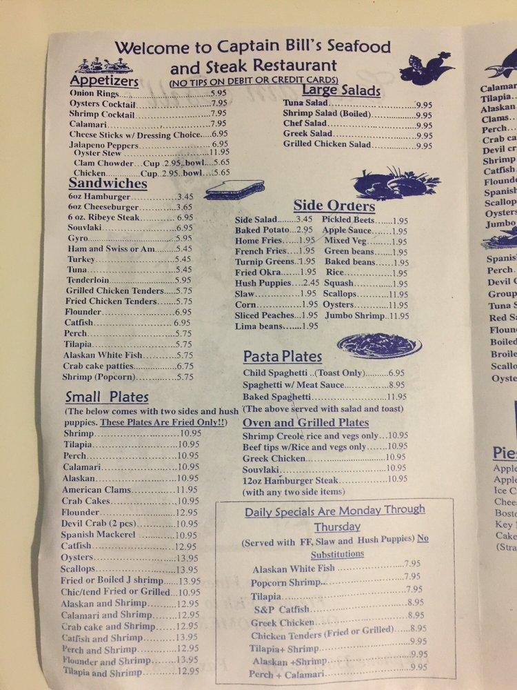 Menu at Captain Bill's Seafood & Steak Restaurant We are open for Dine