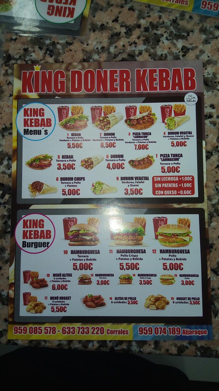 Carta del restaurante King doner kebab corrales, Corrales