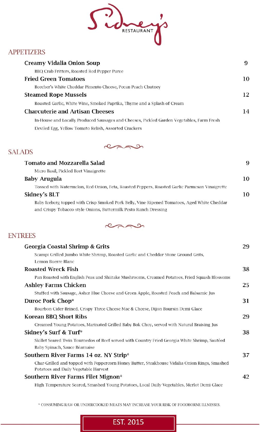 Menu at Sidney's Restaurant, Buford, Lanier Islands Pkwy