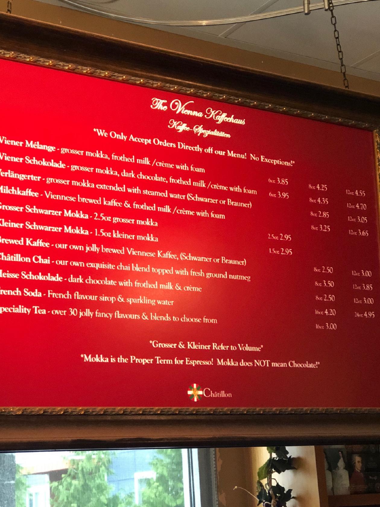 Menu at Vienna Coffee Company cafe, Lynnwood