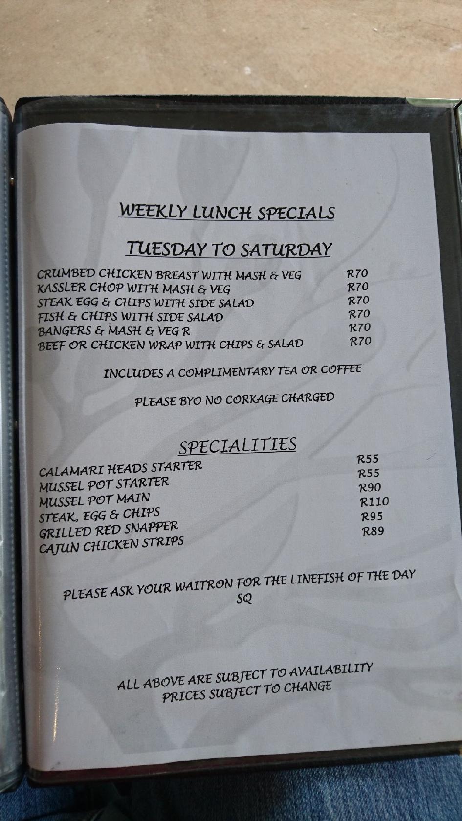 Menu at The Black Olive restaurant, Howick