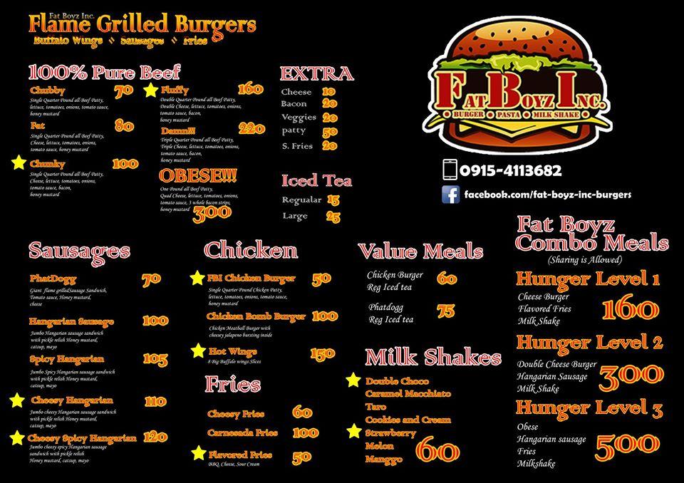 Menu at Fat Boyz Inc. Burgers restaurant, Mandaluyong